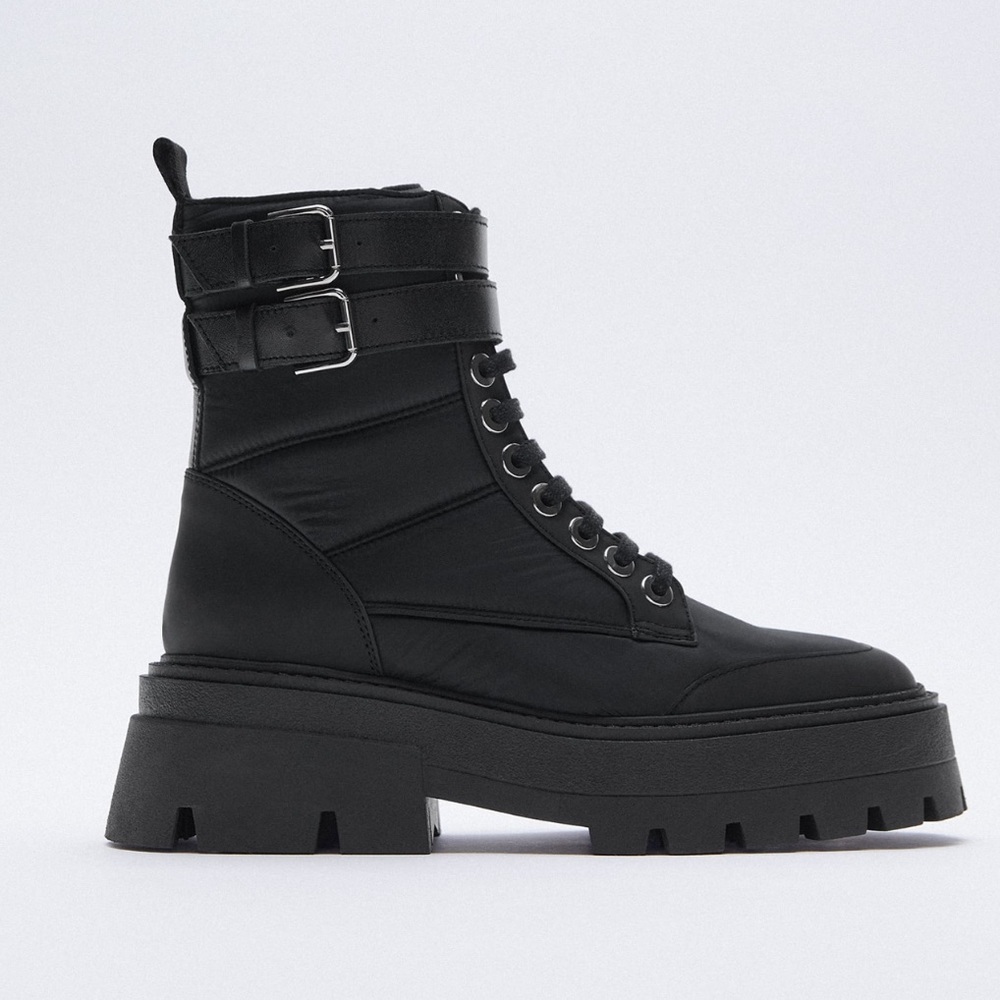 ZARA QUILTED NYLON LOW HEEL ANKLE BOOTS